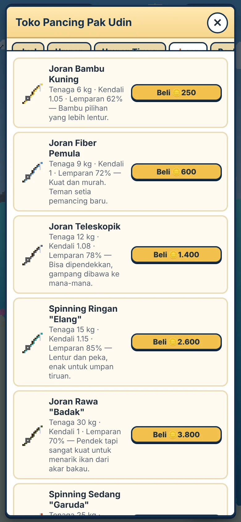 Toko Pancing Pak Udin dengan daftar joran