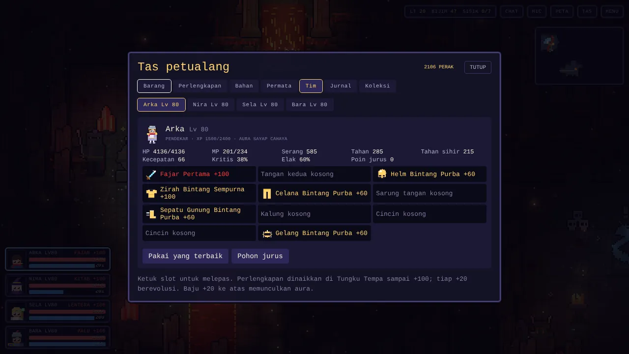 Layar tim dengan sebelas slot perlengkapan